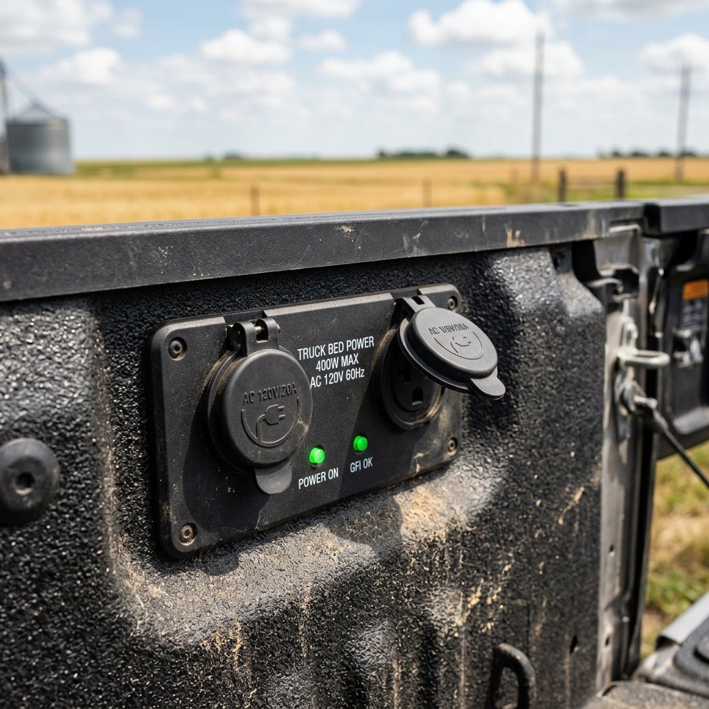 Built-in 120V AC power outlet panel with green indicator lights located inside a pickup truck bed. (Representative image for illustration purposes only. Actual vehicle may vary based on trim and configuration.)