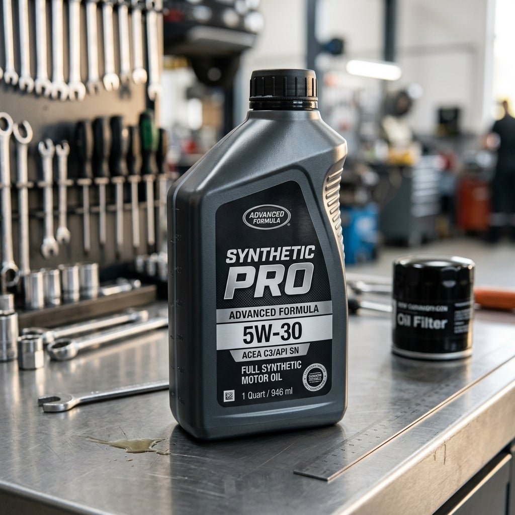Bottle of SYNTHETIC PRO 5W-30 motor oil and an oil filter on a metal workshop workbench with tools. (Representative image for illustration purposes only. Actual vehicle may vary based on trim and configuration.)
