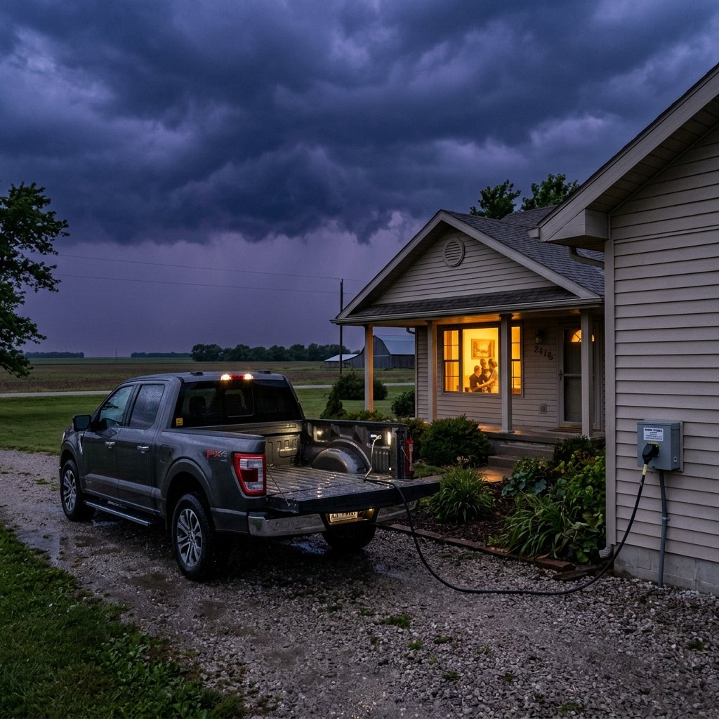 A pickup truck uses its onboard power cable to supply electricity to a house during a stormy evening. (Representative image for illustration purposes only. Actual vehicle may vary based on trim and configuration.)