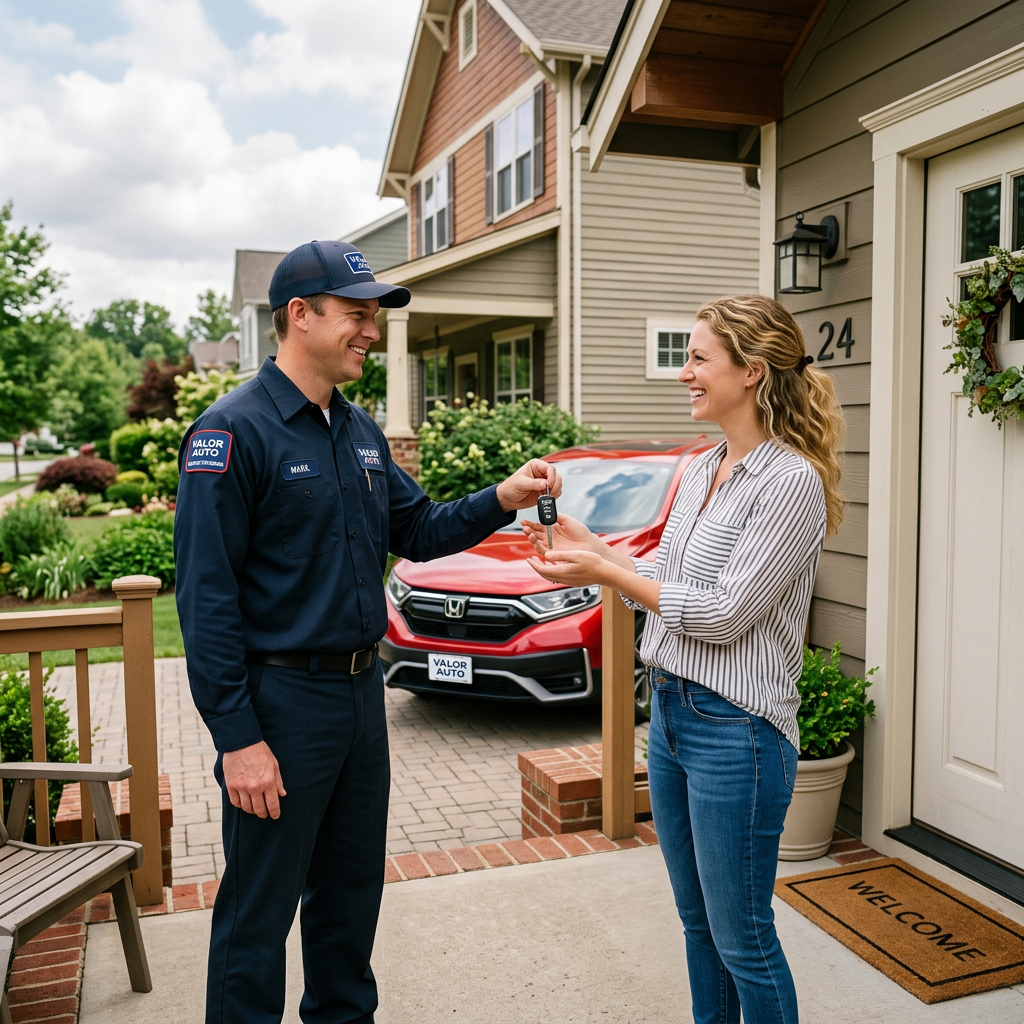 A service technician in a dark blue uniform hands car keys to a smiling woman on her porch. (Representative image for illustration purposes only. Actual vehicle may vary based on trim and configuration.)