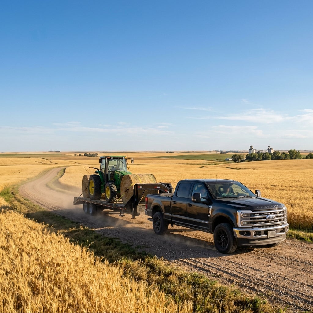 A black pickup truck hauls a flatbed trailer loaded with a green tractor and hay bales along a dirt country road. (Representative image for illustration purposes only. Actual vehicle may vary based on trim and configuration.)