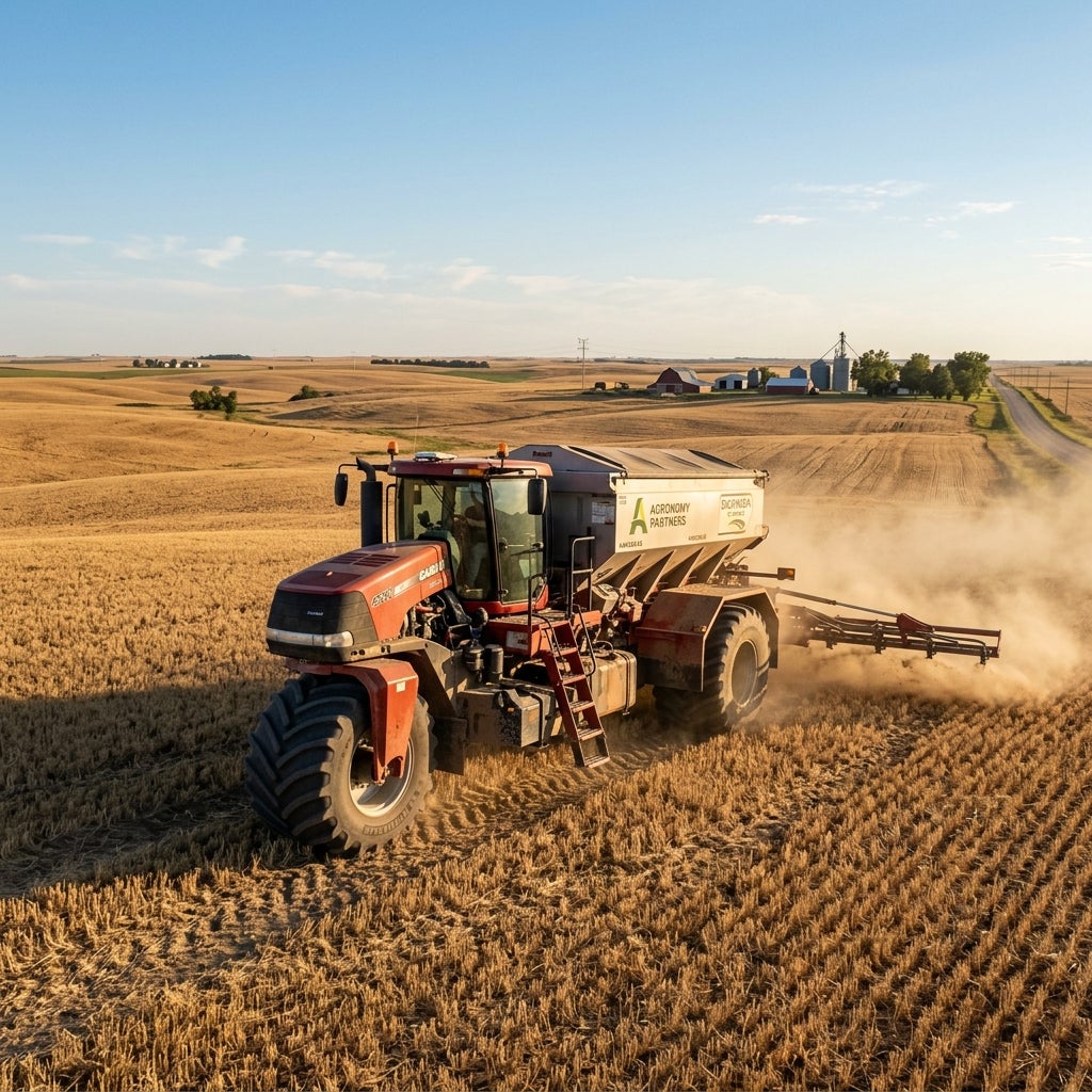 A red agricultural applicator kicks up dust in a harvested wheat field with rolling hills in the background. (Representative image for illustration purposes only. Actual vehicle may vary based on trim and configuration.)