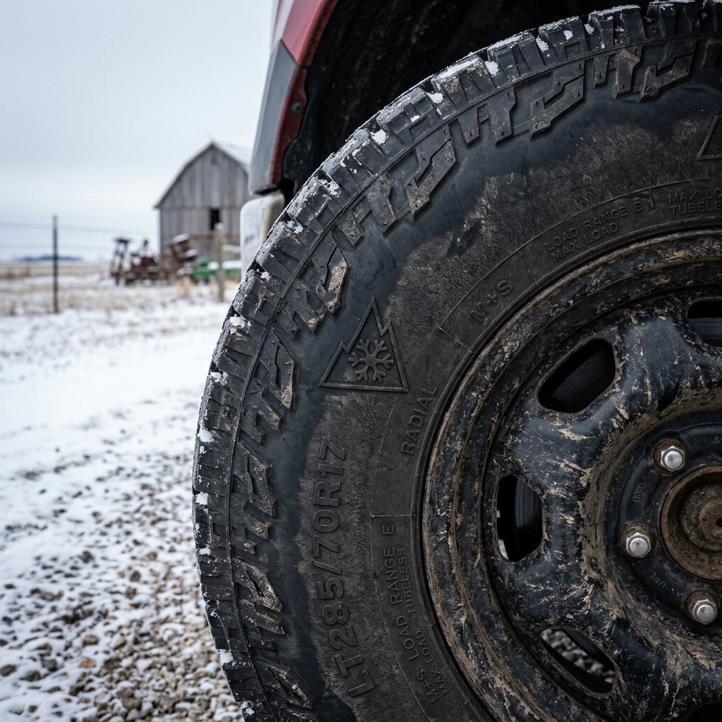 Close-up of an LT285/70R17 truck tire on a muddy black wheel with a snowy barn in the background. (Representative image for illustration purposes only. Actual vehicle may vary based on trim and configuration.)