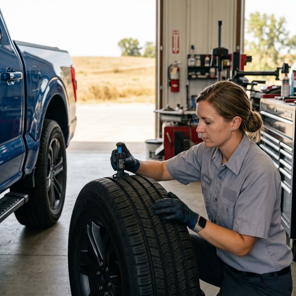 A female mechanic wearing gloves uses a digital gauge to measure the tread depth of a tire in an auto repair shop. (Representative image for illustration purposes only. Actual vehicle may vary based on trim and configuration.)