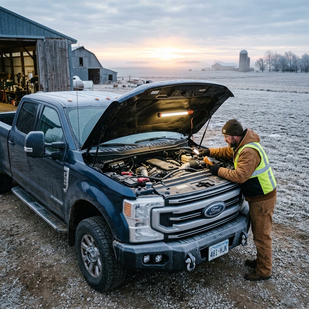 A mechanic inspecting an open truck engine with a work light on a frosty farm at sunrise. (Representative image for illustration purposes only. Actual vehicle may vary based on trim and configuration.)