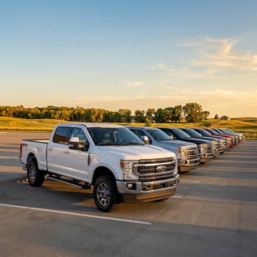 A commercial wide-angle photograph capturing a pristine row of modern heavy-duty Ford Super Duty pickup trucks parked neatly in front of a sleek glass automotive showroom building. The front truck is an Oxford White crew-cab model, positioned at a dynamic three-quarters angle emphasizing its bold chrome grille and broad stance, with other Super Duty trucks extending into the background along a dramatic diagonal leading line. Warm late-afternoon golden hour sunlight illuminates the polished paint and casts crisp, soft shadows across the smooth asphalt pavement. The background features subtle rolling Kansas prairie terrain beneath a clear summer sky. No readable text, license plates, watermarks, or brand emblems are present. (Representative image for illustration purposes only. Actual vehicle may vary based on trim and configuration.)