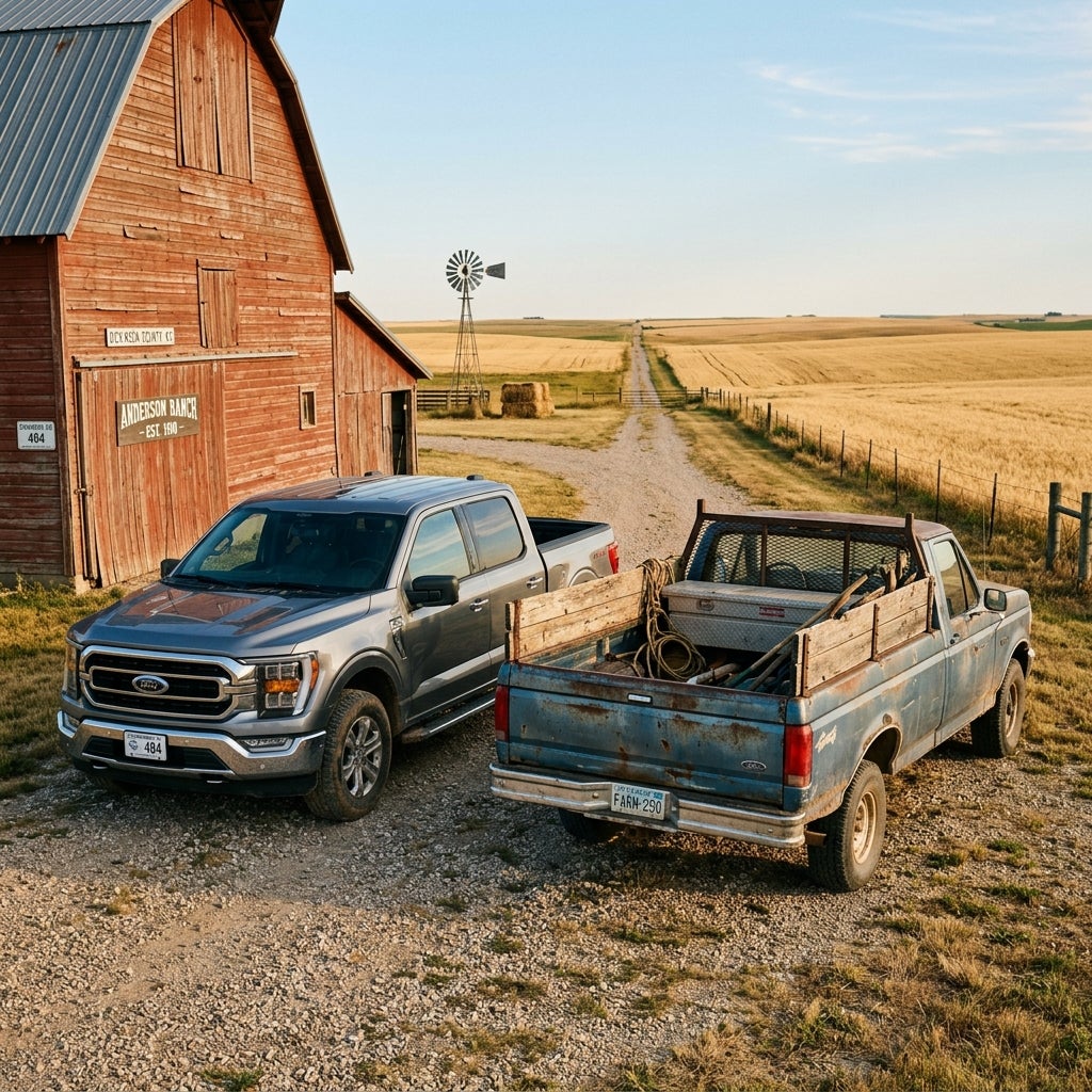 A modern gray pickup truck and a vintage blue pickup truck parked next to a red barn on a vast farm. (Representative image for illustration purposes only. Actual vehicle may vary based on trim and configuration.)