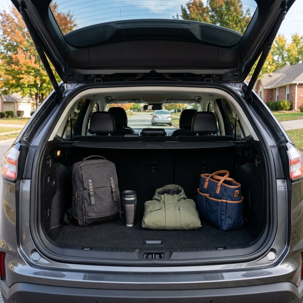 Open trunk of a dark gray SUV filled with a backpack, travel mug, green coat, and navy tote bag. (Representative image for illustration purposes only. Actual vehicle may vary based on trim and configuration.)