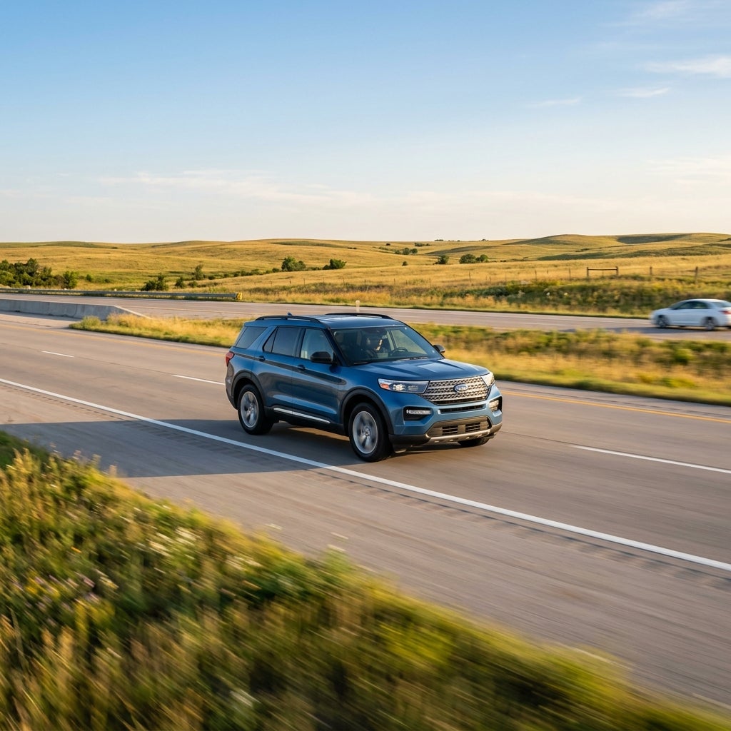 A blue Ford Explorer SUV drives along an open highway through scenic, rolling grassy hills. (Representative image for illustration purposes only. Actual vehicle may vary based on trim and configuration.)