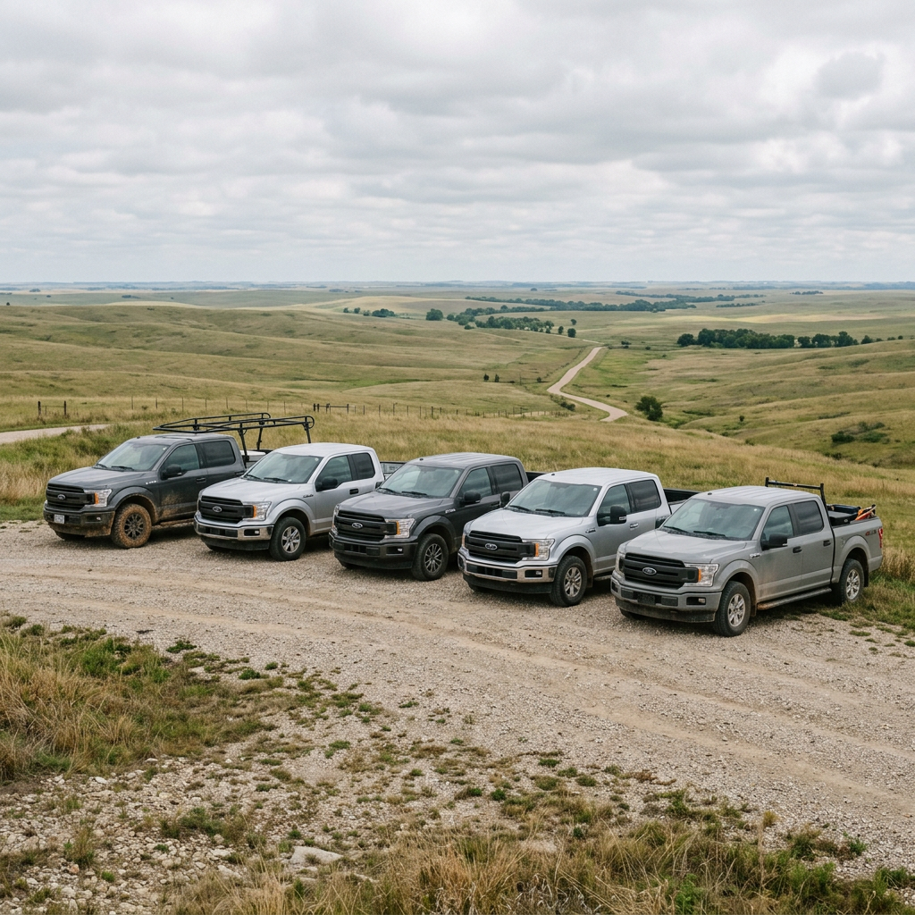 Five Ford F-150 pickup trucks parked in a row on a gravel road overlooking rolling hills. (Representative image for illustration purposes only. Actual vehicle may vary based on trim and configuration.)
