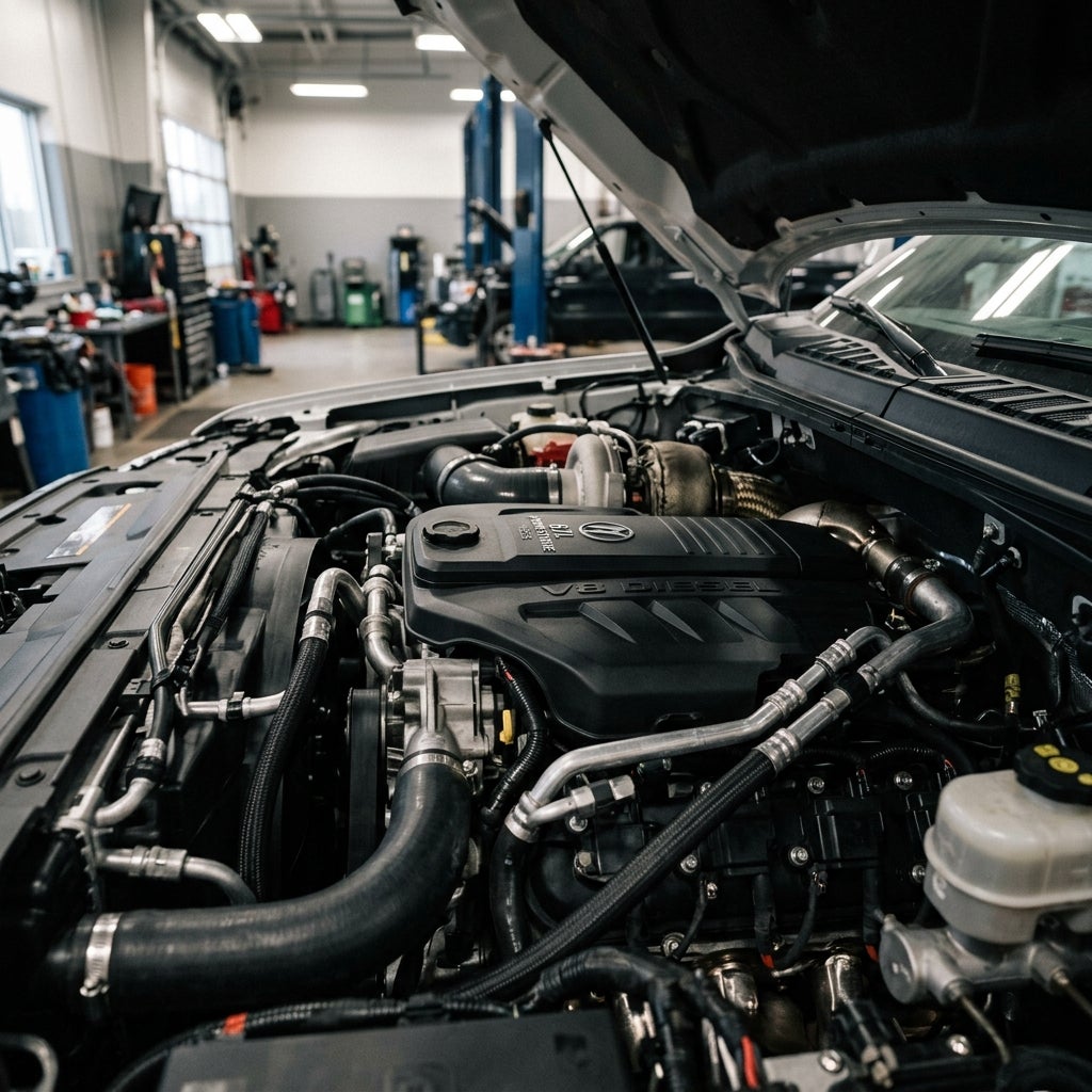 Close-up view of a complex V8 diesel engine bay inside an automotive repair shop with the hood open. (Representative image for illustration purposes only. Actual vehicle may vary based on trim and configuration.)