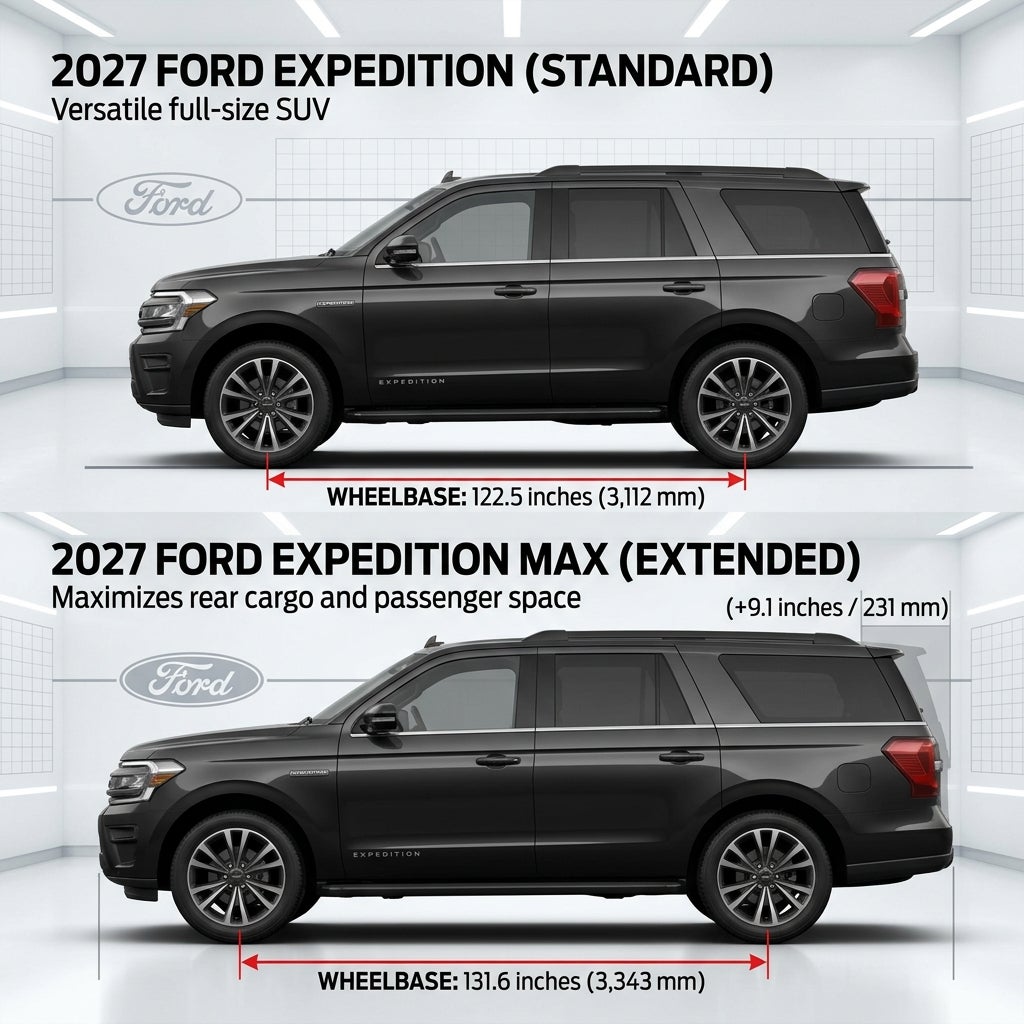 Side-by-side spec comparison of the 2027 Ford Expedition and Expedition MAX showing wheelbase dimensions. (Representative image for illustration purposes only. Actual vehicle may vary based on trim and configuration.)