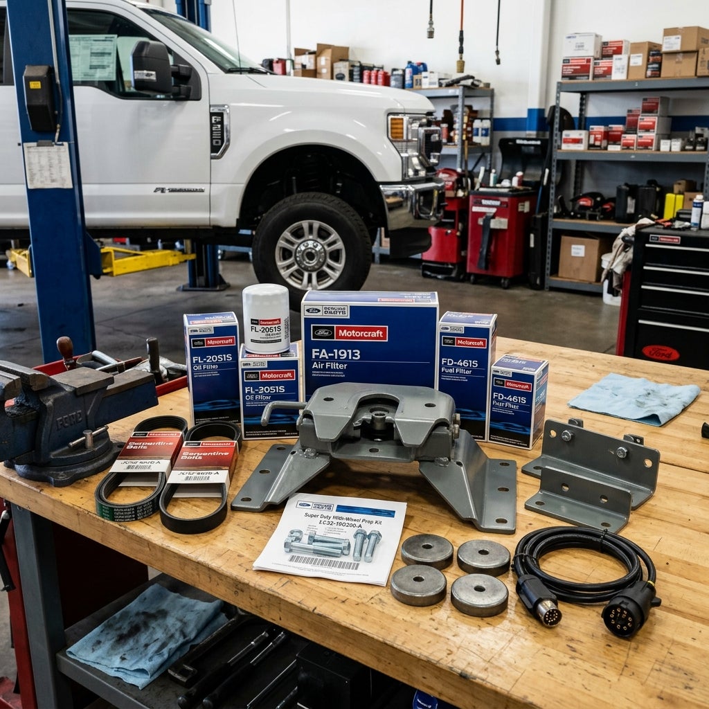 Motorcraft filters, serpentine belts, and a fifth-wheel prep kit arranged on a wooden workbench in an auto shop. (Representative image for illustration purposes only. Actual vehicle may vary based on trim and configuration.)