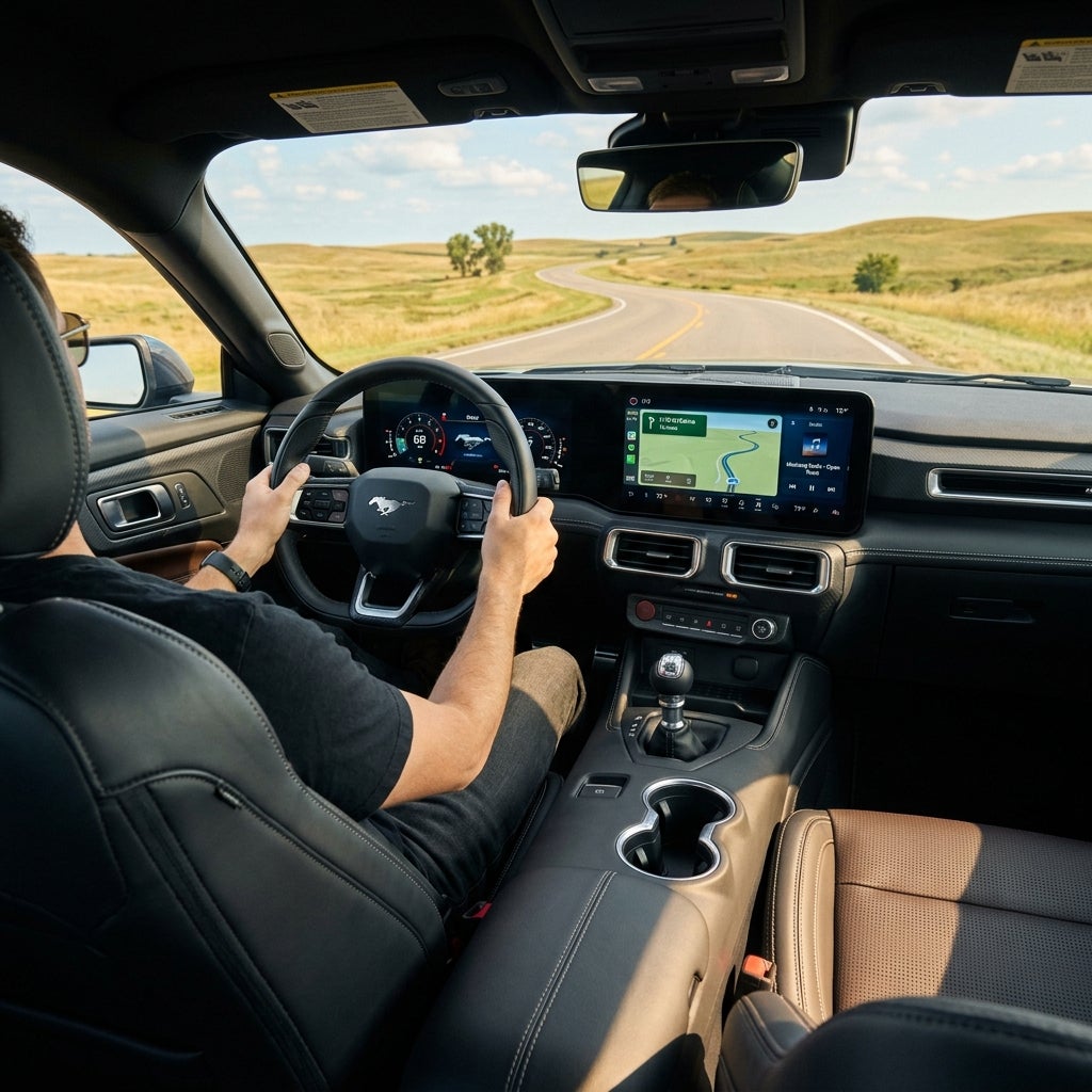 Driver steering a Ford Mustang down a winding rural road with digital cockpit displays active. (Representative image for illustration purposes only. Actual vehicle may vary based on trim and configuration.)