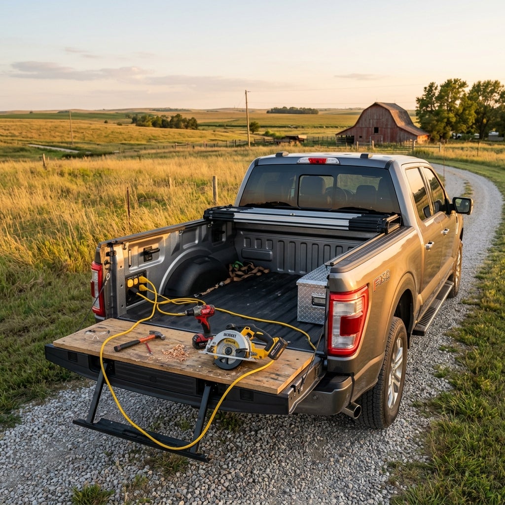 A pickup truck tailgate setup as a workbench with power tools plugged into the bed's outlet in a rural setting. (Representative image for illustration purposes only. Actual vehicle may vary based on trim and configuration.)
