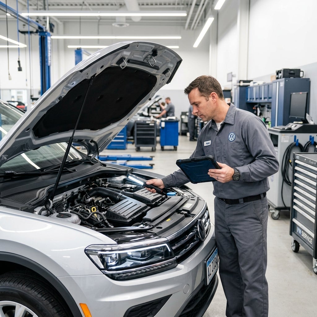 A Volkswagen technician in a grey uniform inspects a silver car's engine bay using a tablet and flashlight. (Representative image for illustration purposes only. Actual vehicle may vary based on trim and configuration.)