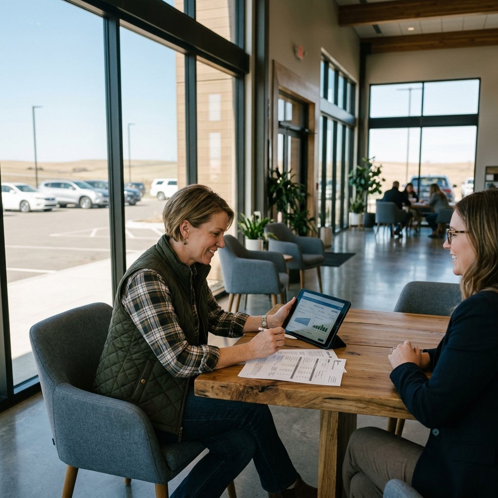 Two women sitting at a wooden table reviewing financial papers and a tablet in a modern office with large windows. (Representative image for illustration purposes only. Actual vehicle may vary based on trim and configuration.)