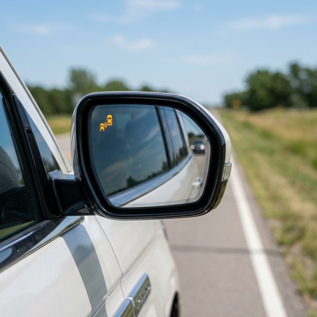 Side mirror of a white car displaying an illuminated yellow blind spot monitoring indicator light. (Representative image for illustration purposes only. Actual vehicle may vary based on trim and configuration.)