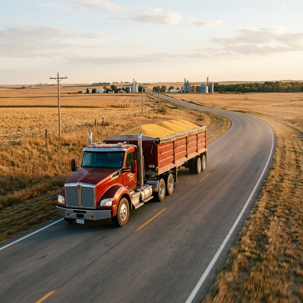 Red semi truck filled with harvested golden grain driving down a paved rural road through farmland at sunset. (Representative image for illustration purposes only. Actual vehicle may vary based on trim and configuration.)