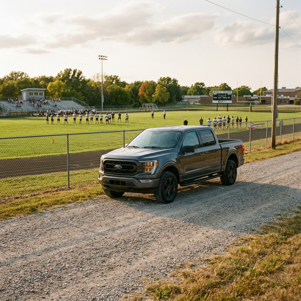 A gray Ford F-150 pickup truck parked on a gravel path next to a high school football field. (Representative image for illustration purposes only. Actual vehicle may vary based on trim and configuration.)