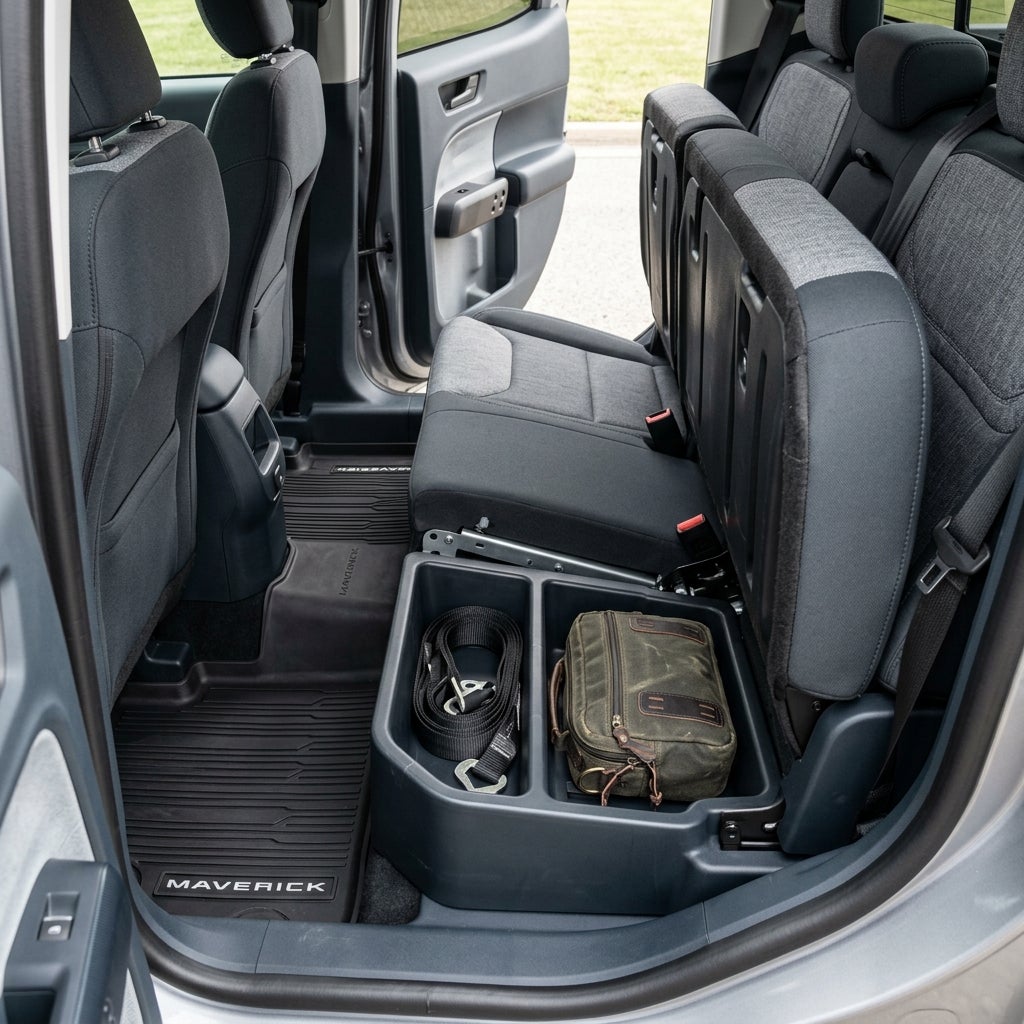 Rear seat of a pickup truck folded up to reveal under-seat storage bins containing a strap and a green canvas bag. (Representative image for illustration purposes only. Actual vehicle may vary based on trim and configuration.)