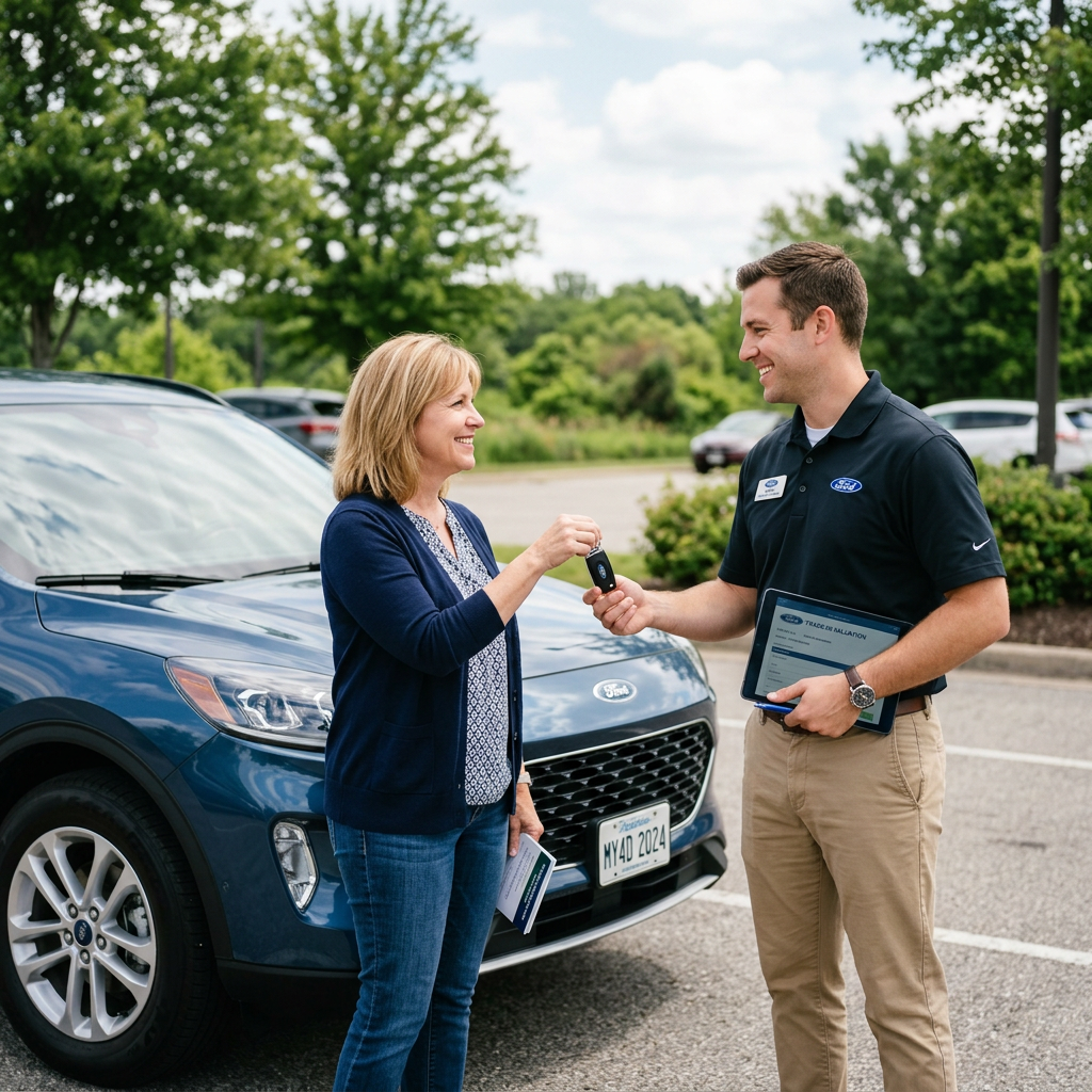 A woman handing her car keys to a smiling Ford dealership representative next to a blue Ford SUV. (Representative image for illustration purposes only. Actual vehicle may vary based on trim and configuration.)