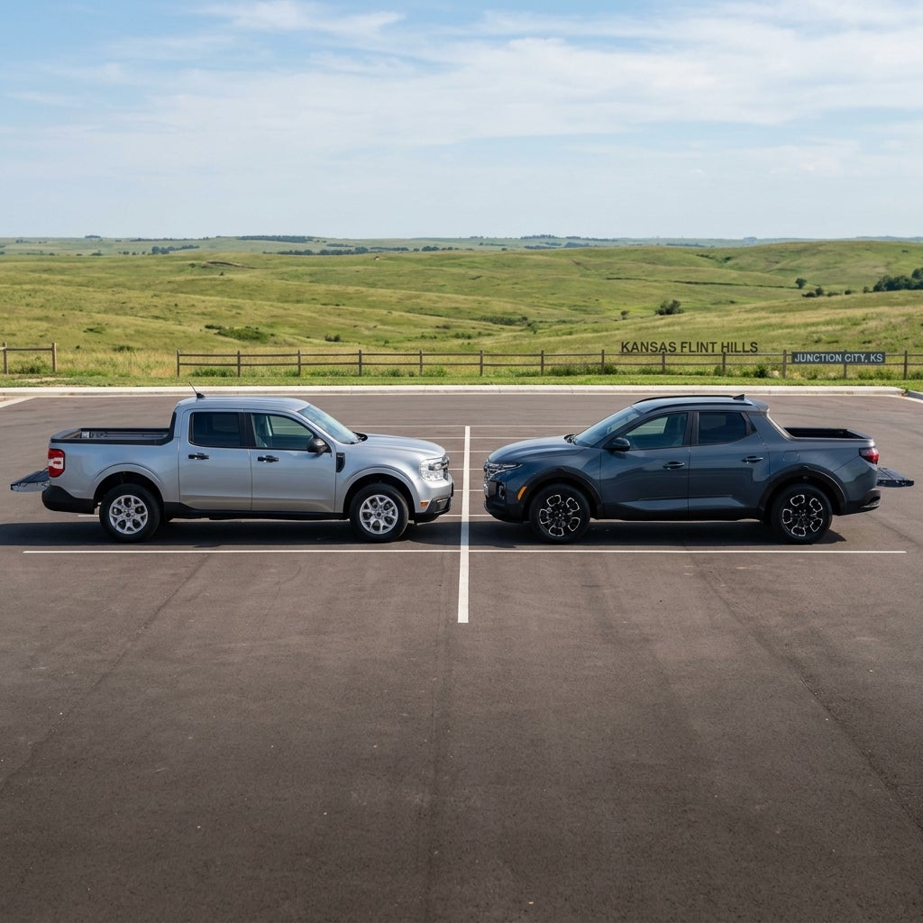 A silver Ford Maverick and a dark gray Hyundai Santa Cruz parked nose-to-nose in a scenic Kansas parking lot. (Representative image for illustration purposes only. Actual vehicle may vary based on trim and configuration.)