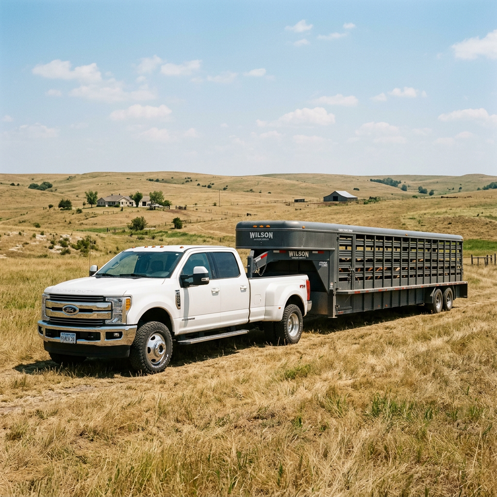 A white Ford Super Duty truck pulling a gray Wilson livestock trailer filled with cattle in a grassy pasture. (Representative image for illustration purposes only. Actual vehicle may vary based on trim and configuration.)