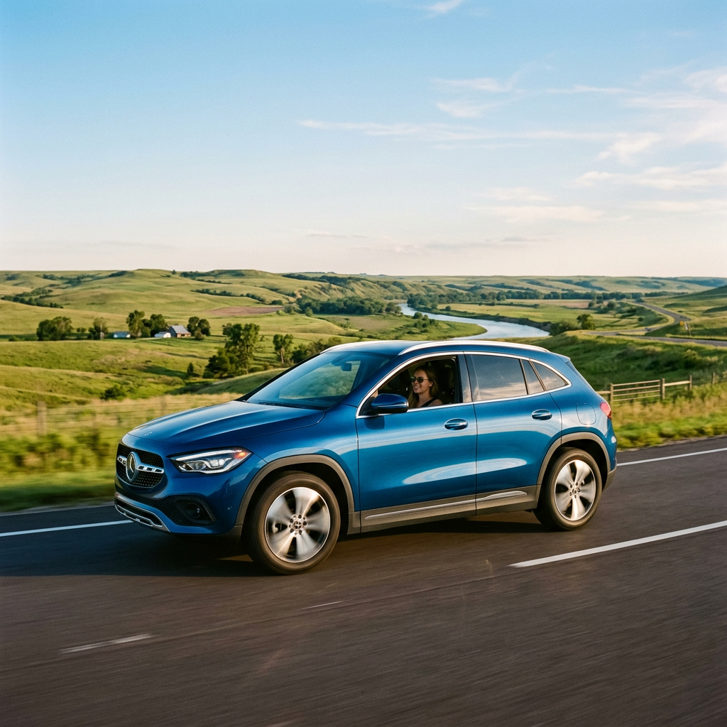 A blue Mercedes-Benz SUV drives along a paved road winding through scenic green rolling hills. (Representative image for illustration purposes only. Actual vehicle may vary based on trim and configuration.)
