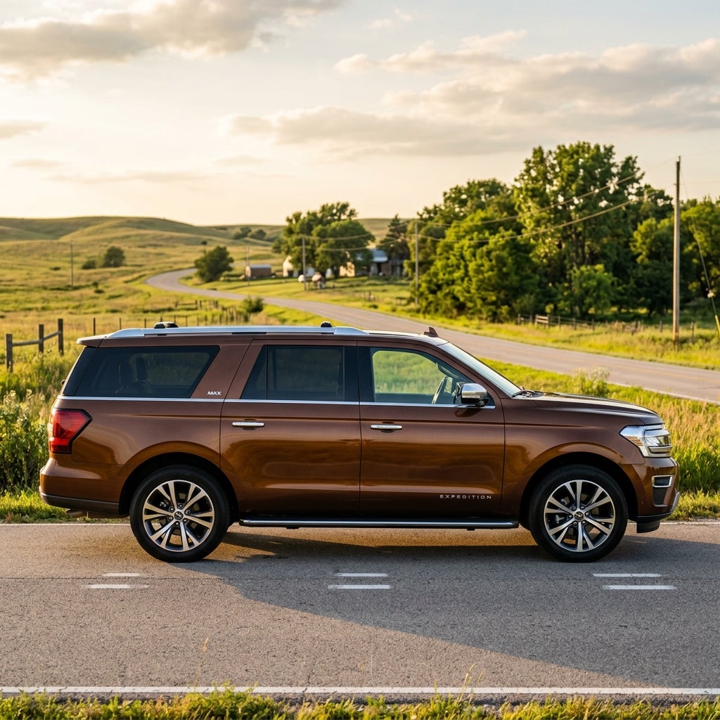 Side view of a bronze Ford Expedition MAX SUV parked on a rural road at sunset. (Representative image for illustration purposes only. Actual vehicle may vary based on trim and configuration.)