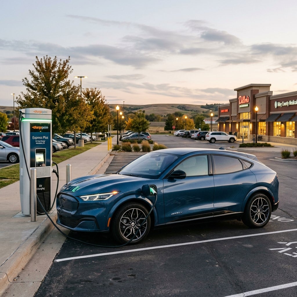 A blue Ford Mustang Mach-E charging at a ChargePoint Express Plus station in a parking lot at dusk. (Representative image for illustration purposes only. Actual vehicle may vary based on trim and configuration.)