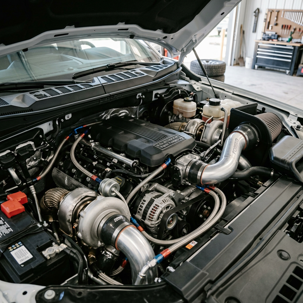 Upgraded twin-turbocharged 3.0L EcoBoost V6 engine under the open hood of a white modern truck. (Representative image for illustration purposes only. Actual vehicle may vary based on trim and configuration.)