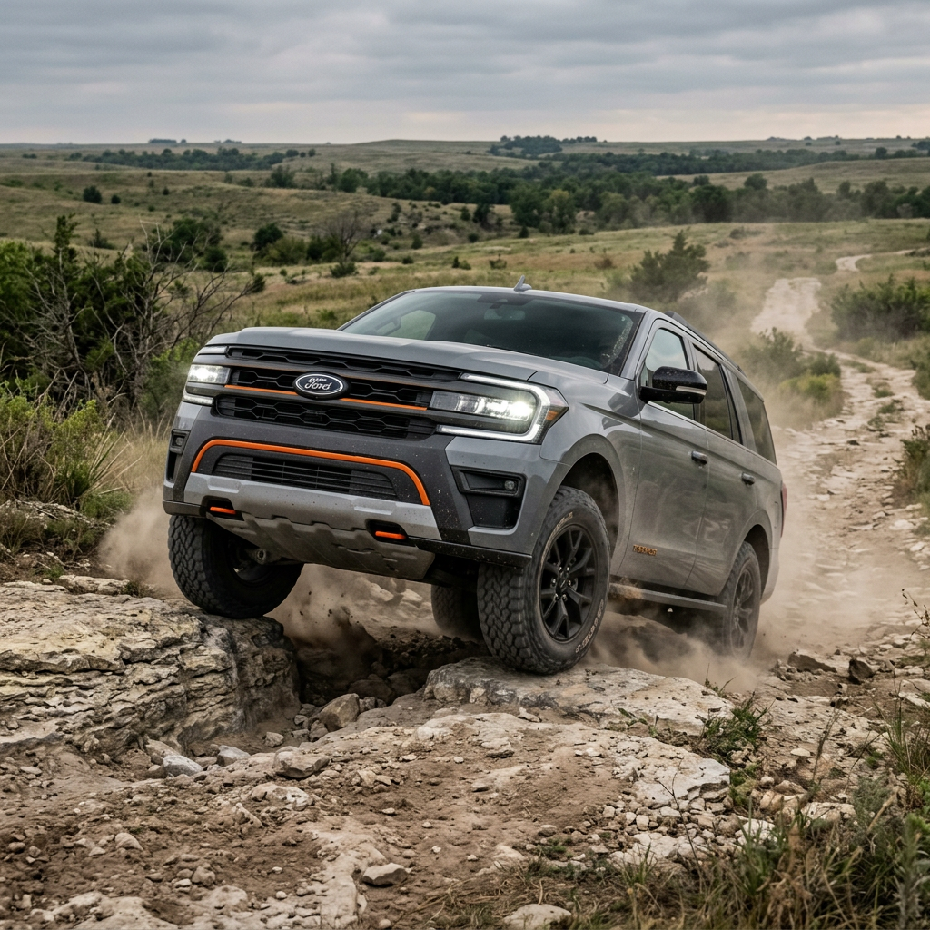 A gray Ford Expedition Timberline off-roading on a rugged, rocky trail, kicking up dust. (Representative image for illustration purposes only. Actual vehicle may vary based on trim and configuration.)