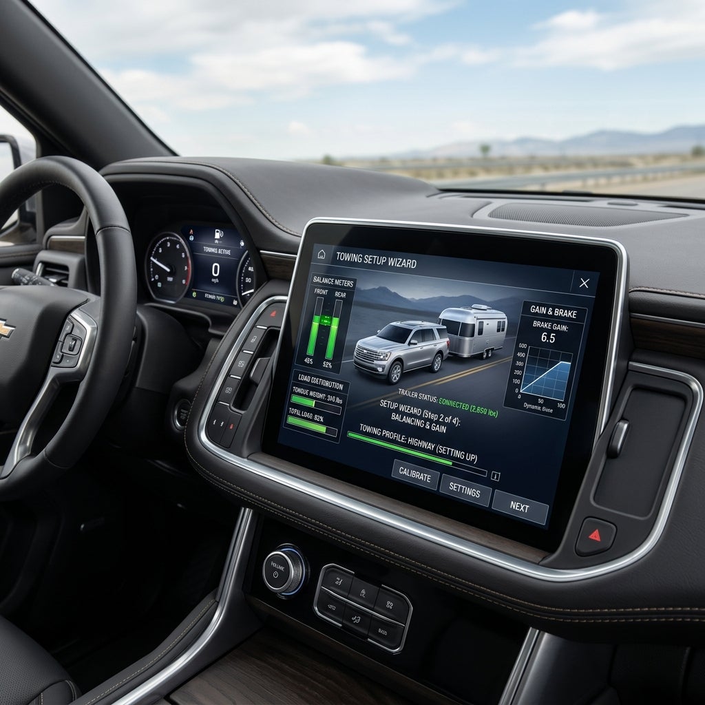 Dashboard infotainment screen displaying a towing setup wizard with trailer status and balance controls. (Representative image for illustration purposes only. Actual vehicle may vary based on trim and configuration.)
