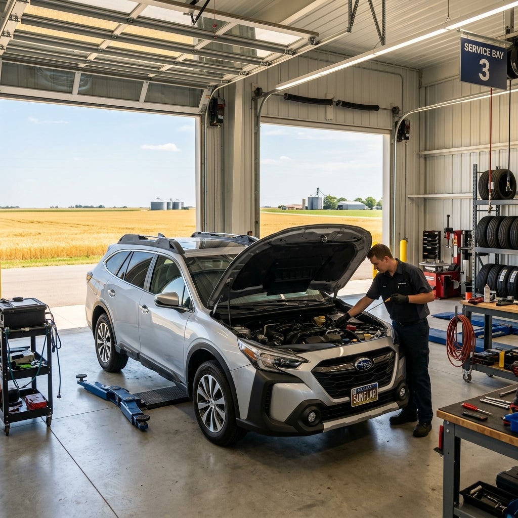 A mechanic checks the engine of a silver Subaru Outback in an open garage bay overlooking a rural field. (Representative image for illustration purposes only. Actual vehicle may vary based on trim and configuration.)
