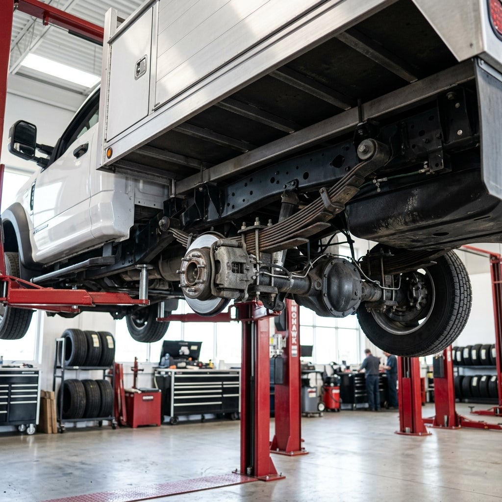 Bottom view of a utility service truck raised on a red hydraulic lift in an auto repair shop. (Representative image for illustration purposes only. Actual vehicle may vary based on trim and configuration.)