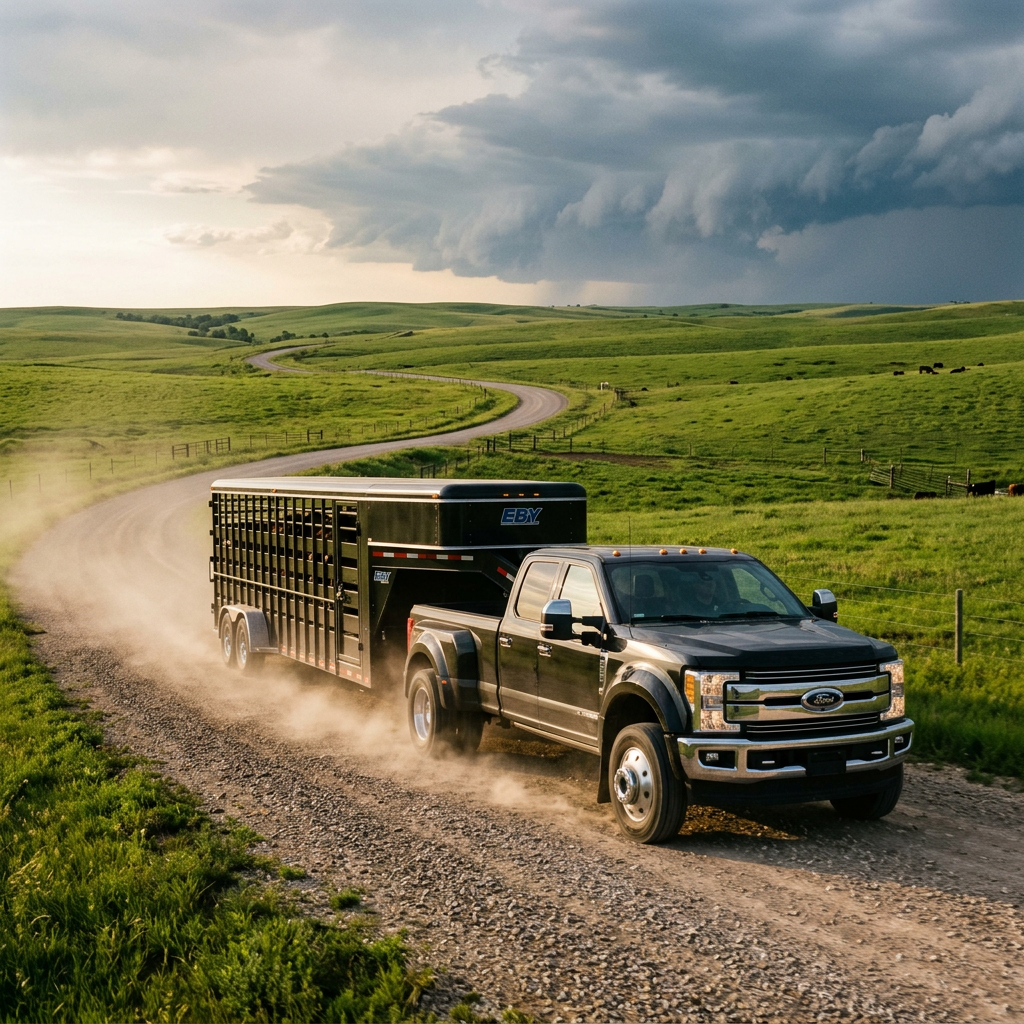 A black Ford Super Duty truck towing an Eby livestock trailer down a winding dirt road through green rolling hills. (Representative image for illustration purposes only. Actual vehicle may vary based on trim and configuration.)