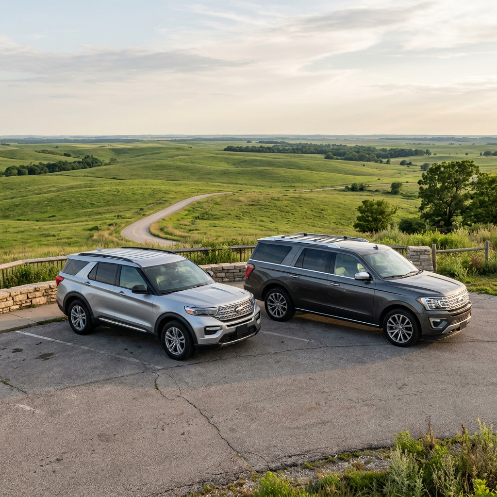 A silver Ford Explorer and a charcoal gray Ford Expedition parked side-by-side at a scenic overlook. (Representative image for illustration purposes only. Actual vehicle may vary based on trim and configuration.)