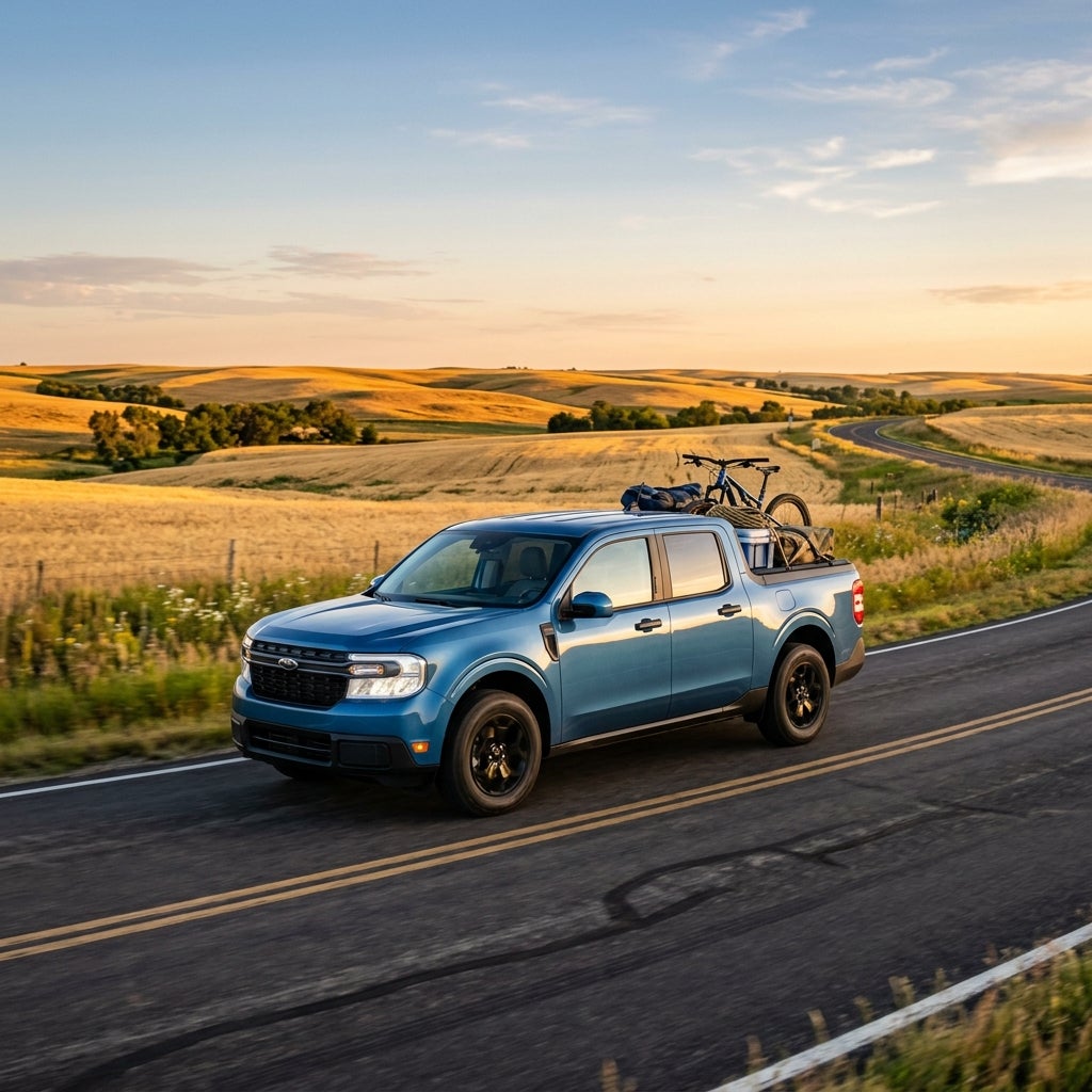 Blue Ford Maverick pickup truck carrying a bicycle on a scenic winding road through golden hills at sunset. (Representative image for illustration purposes only. Actual vehicle may vary based on trim and configuration.)