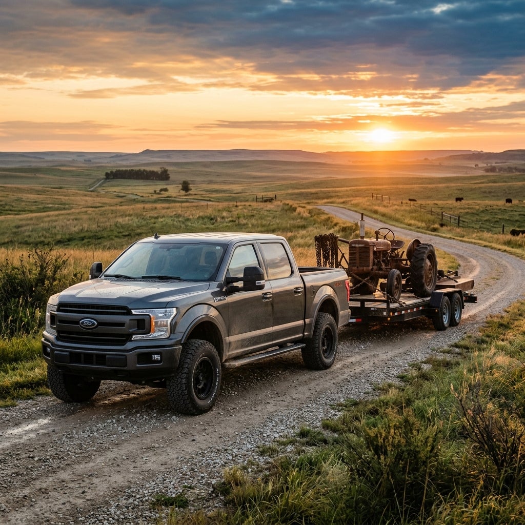 A grey Ford F-150 pickup truck pulls a trailer with a vintage tractor on a dirt road at sunset. (Representative image for illustration purposes only. Actual vehicle may vary based on trim and configuration.)