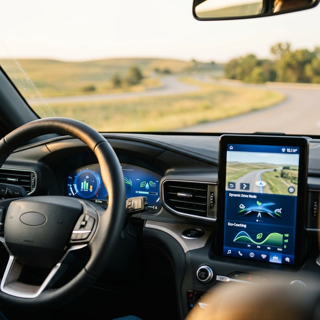 Driver's view of a digital dashboard and central navigation screen while driving on a winding countryside road. (Representative image for illustration purposes only. Actual vehicle may vary based on trim and configuration.)