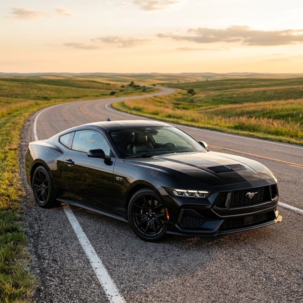 A glossy black Ford Mustang GT parked on a winding asphalt road through rolling hills during golden hour. (Representative image for illustration purposes only. Actual vehicle may vary based on trim and configuration.)
