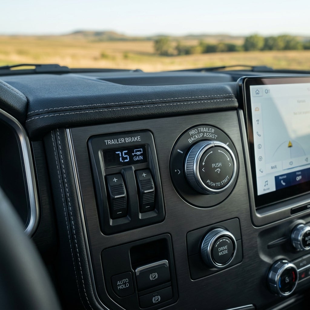Close-up of a truck dashboard featuring trailer brake controls, Pro Trailer Backup Assist dial, and drive mode selector. (Representative image for illustration purposes only. Actual vehicle may vary based on trim and configuration.)