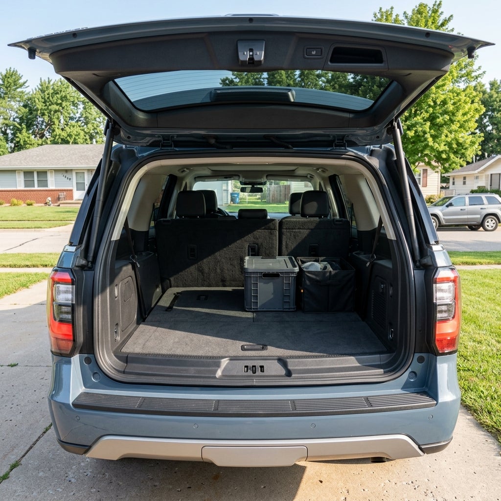 Open trunk of a slate blue SUV showing spacious cargo room with a grey plastic crate and black storage bag. (Representative image for illustration purposes only. Actual vehicle may vary based on trim and configuration.)