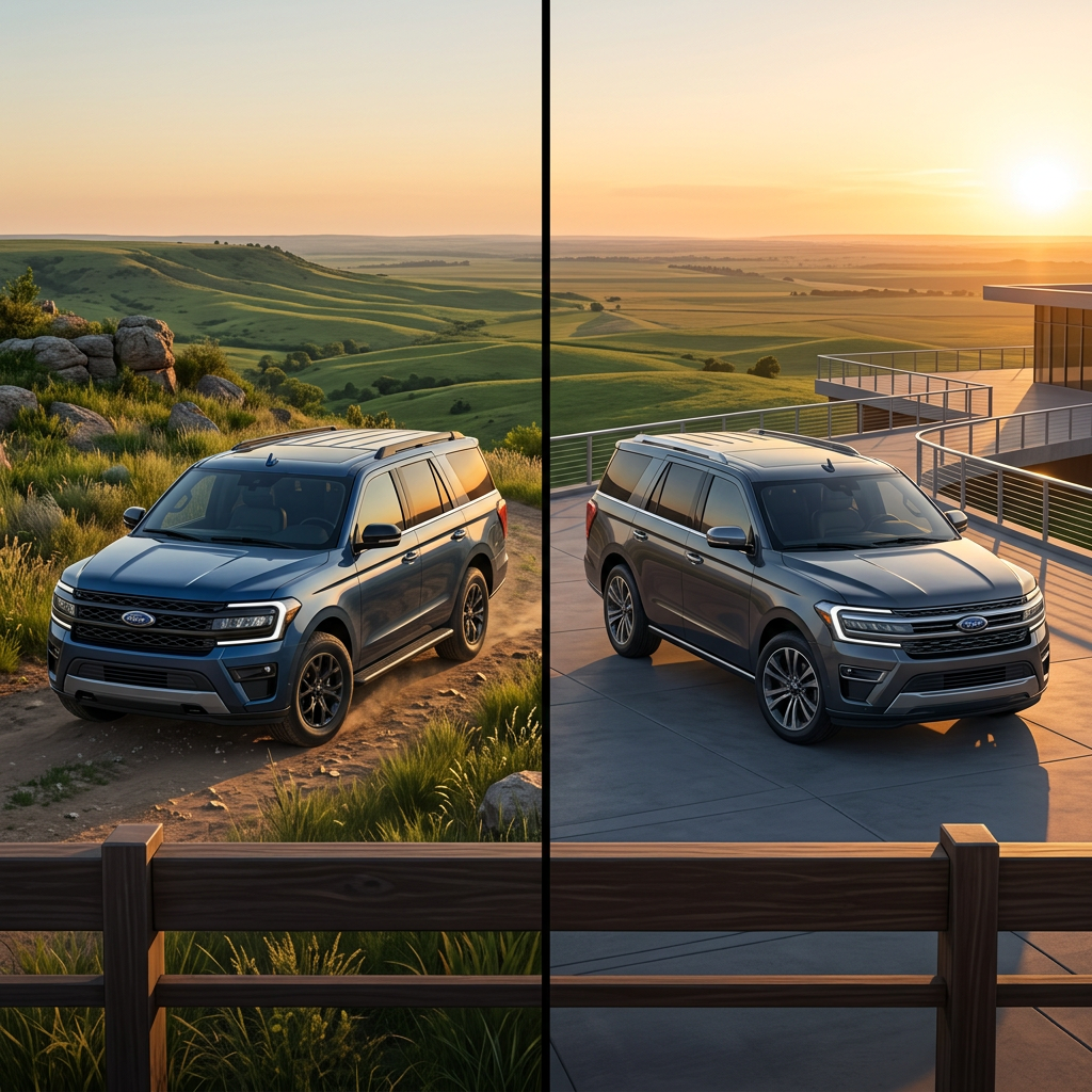 {
"altText": "Split-screen view of a blue Ford SUV on a dirt path and a grey Ford SUV on a modern paved driveway.",
"titl (Representative image for illustration purposes only. Actual vehicle may vary based on trim and configuration.)