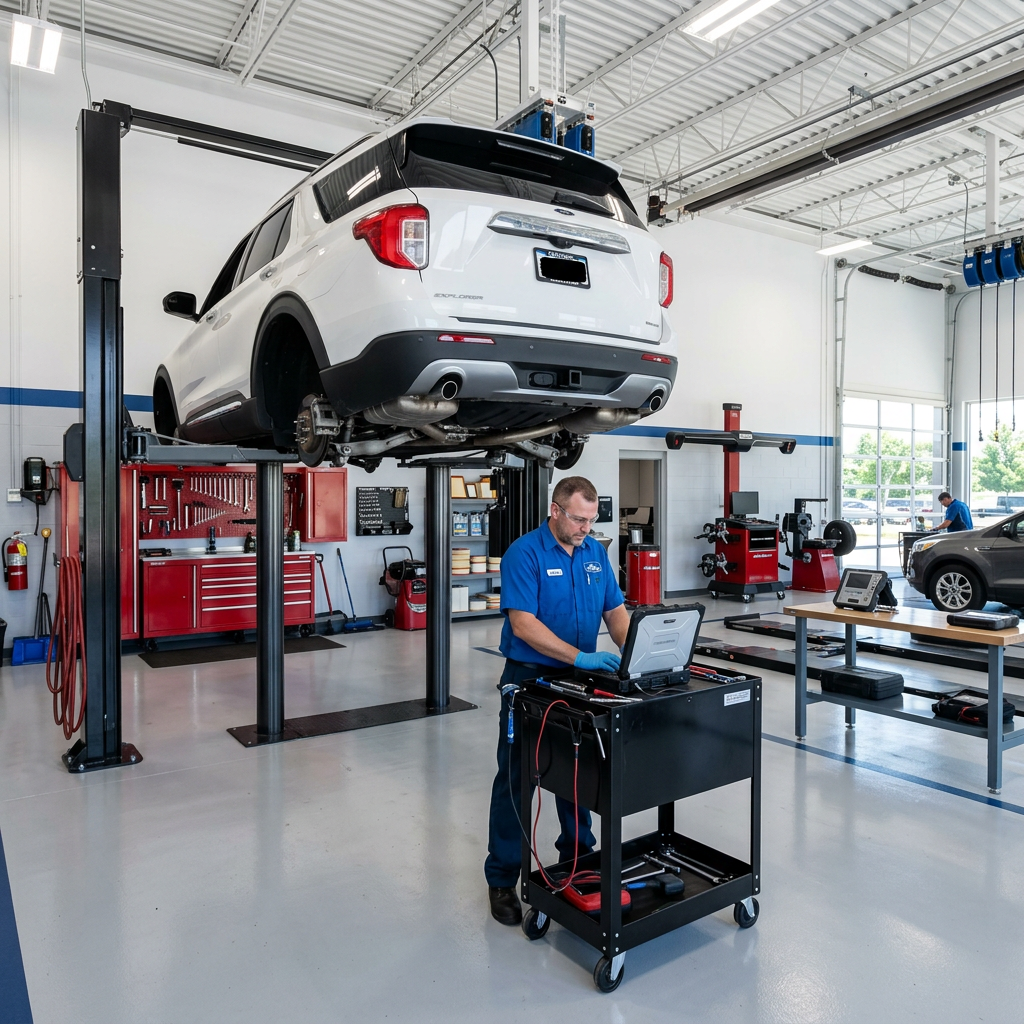 A mechanic in a blue uniform uses a laptop diagnostic tool next to a white SUV raised on a hydraulic lift. (Representative image for illustration purposes only. Actual vehicle may vary based on trim and configuration.)