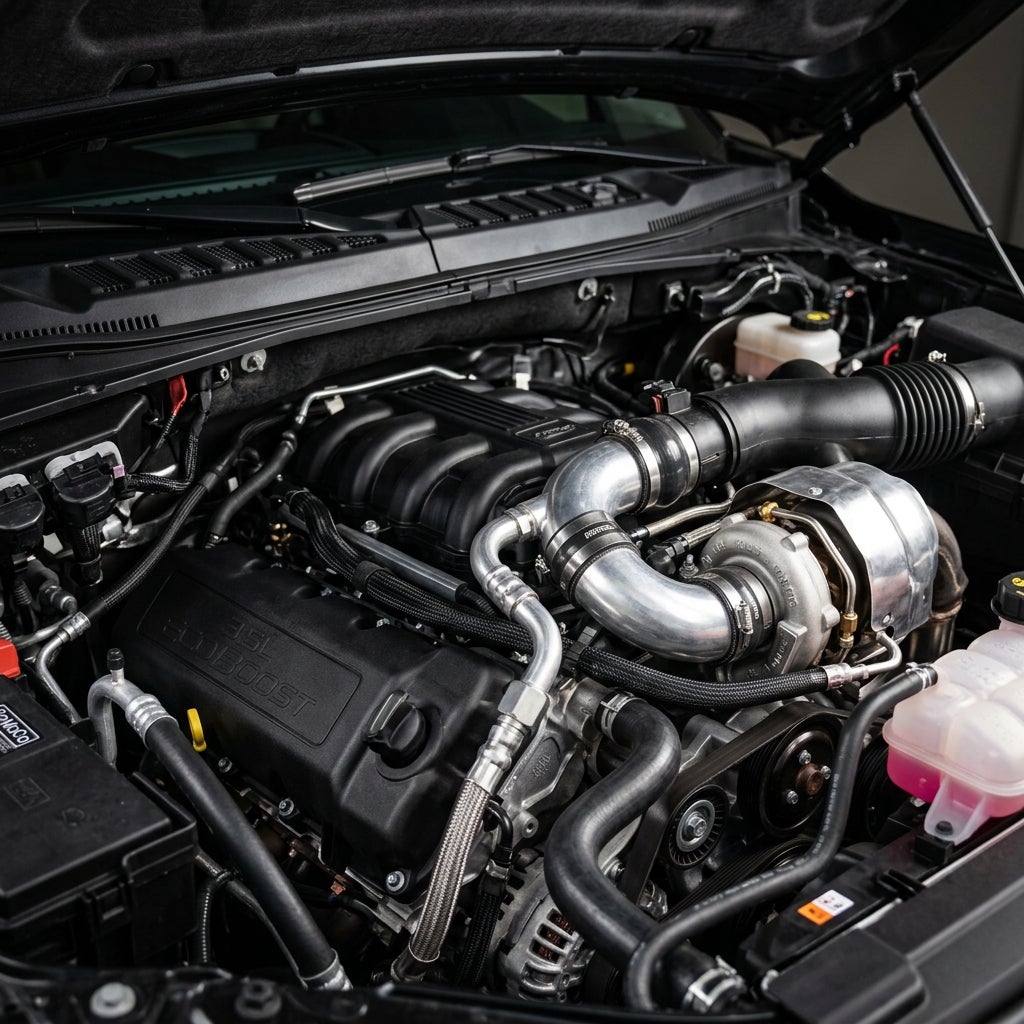 High-performance 3.5L EcoBoost engine bay featuring a large custom turbocharger and polished aluminum piping. (Representative image for illustration purposes only. Actual vehicle may vary based on trim and configuration.)