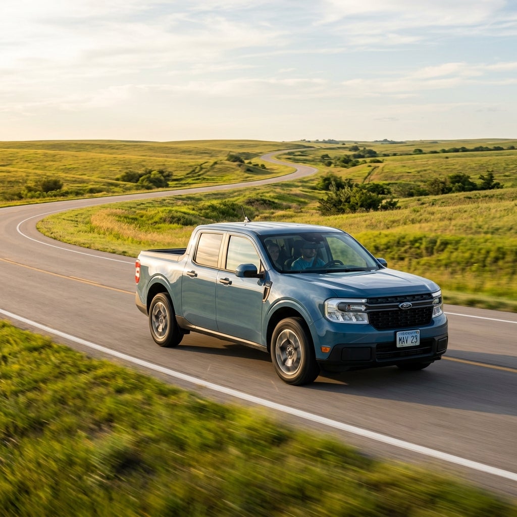 A light blue Ford Maverick pickup truck driving along a winding asphalt road through green rolling hills. (Representative image for illustration purposes only. Actual vehicle may vary based on trim and configuration.)