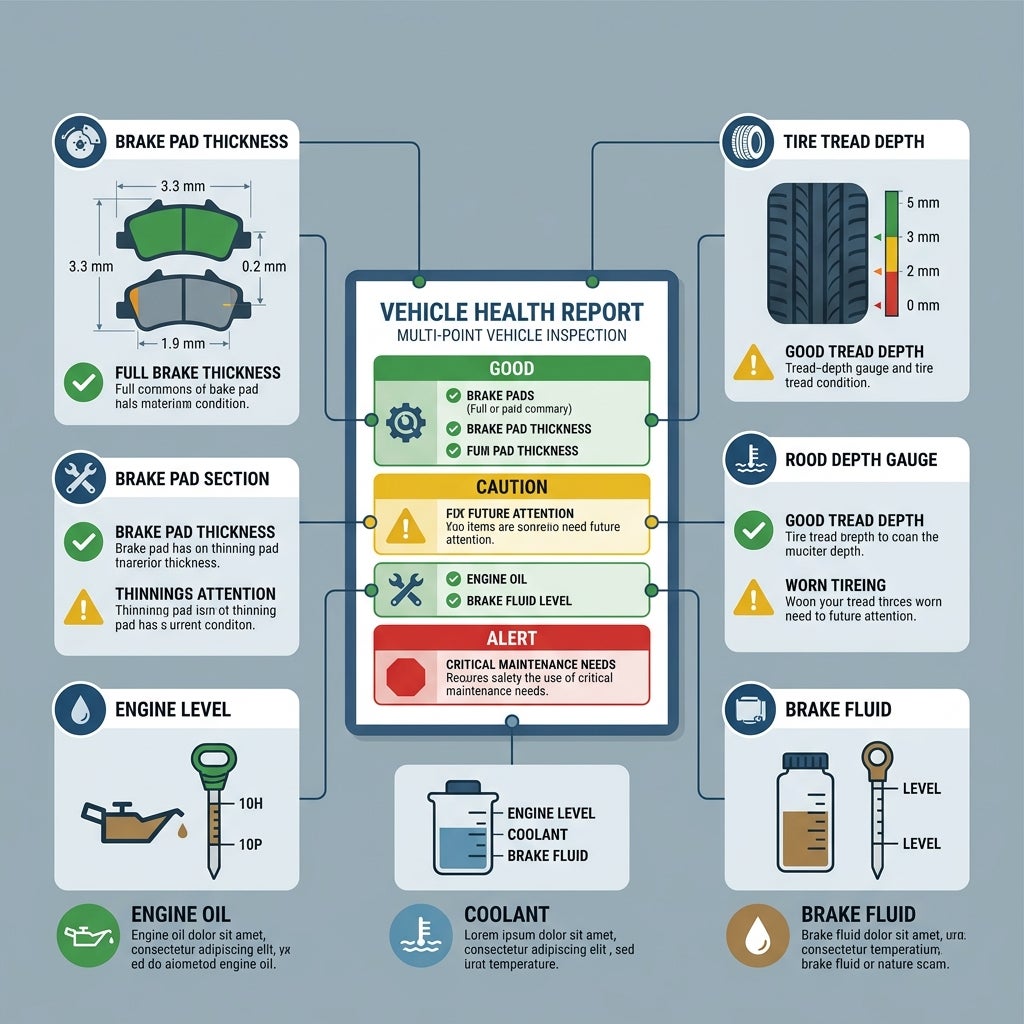 Infographic illustrating a multi-point vehicle inspection report detailing brake pads, tire tread depth, oil, and coolant levels. (Representative image for illustration purposes only. Actual vehicle may vary based on trim and configuration.)