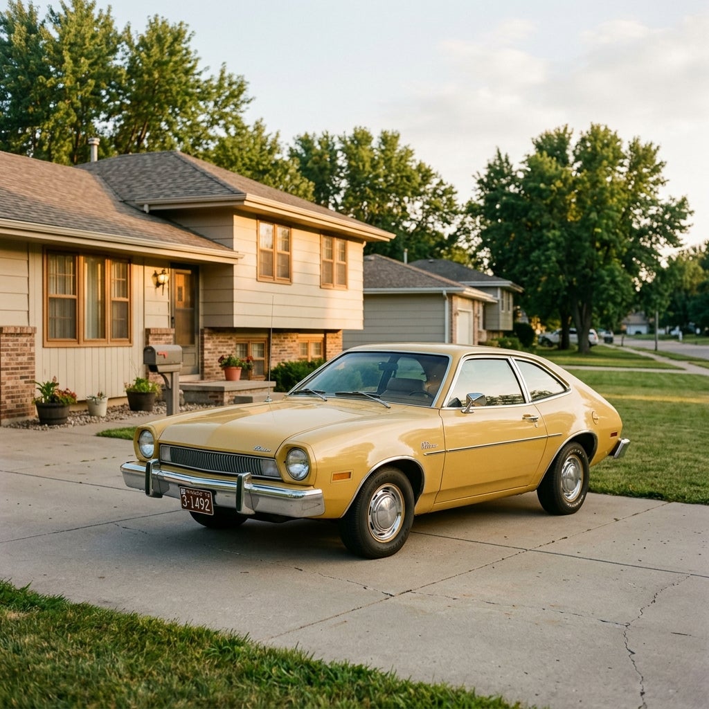 Vintage yellow 1970s Ford Pinto parked on a concrete driveway in front of a suburban home. (Representative image for illustration purposes only. Actual vehicle may vary based on trim and configuration.)